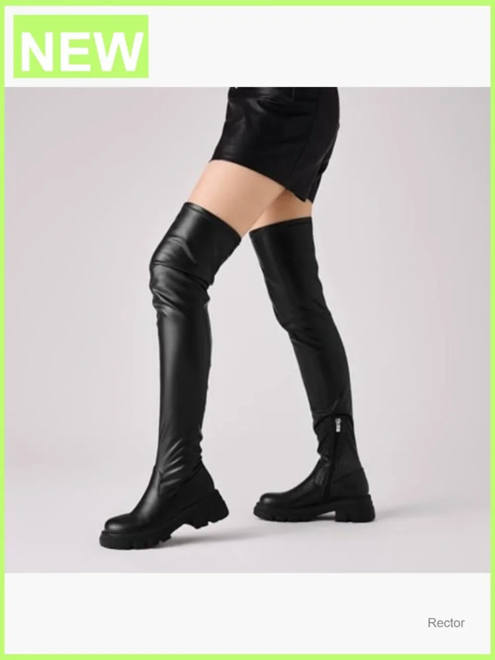 Over The Knee Boots Chunky Heel Platform Lug Sole Stretchy Faux Leather Side